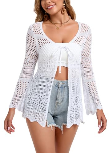 Dosieyeo Cárdigan largo de punto para mujer, cuello en V, con patrón de agujeros, cinta de atar ligera, ligera, chaqueta de ganchillo para bikini