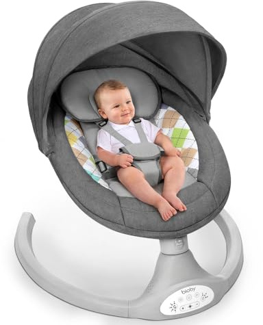 Bioby Elektrische Babywippe | Babyschaukel mit 5-Punkt-Gurt & 5 Schaukelmodi, Leicht & Sicher Wippe Baby Elektronisch mit Bluetooth-Musik & Fernbedienung, für 0-6 Monate (2-9 kg), Grau