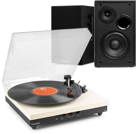 Audizio Complete Home Record Player Stereo System with Bluetooth Output, Black Bookshelf Speakers, Cream Turntable, Wireless & RCA Connectivity, HiFi Audio, Vinyl & MP3, USB Recording
