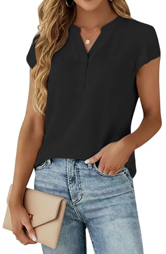 Cuptacc Chemise Femme Col en V Blouse Chic Élégant Manche Courte Haut Ete | Ete,Chiffon,Élégant,Mode,Casual,Manches Bouffantes,Boutons,Couleur Unie,Fleurs,Business,Basique