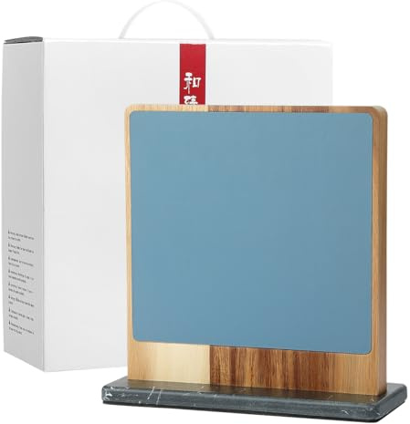 HEZHEN Soporte para Cuchillos Magnético Doble Cara, Bloque de Cuchillos de Madera de Acacia con Cubierta de Cuero, Portacuchillos Organizador con Base Antideslizante de Mármol