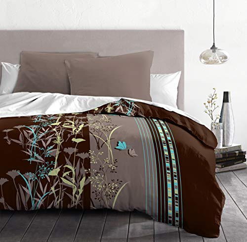 Home Linge Passion Philosophie Set de 3 Parures de Couette, Microfibre, 220x240 cm Marron/Bleu/Jaune