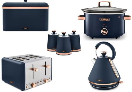 Tower Cavaletto 3KW 1.7L Pyramid Kettle, 4 Slice 1800W Toaster, 3.5L Slow Cooker, Bread Bin & 3 Canisters in Midnight Blue & Rose Gold. Contemporary Kitchen Set of 7 Items