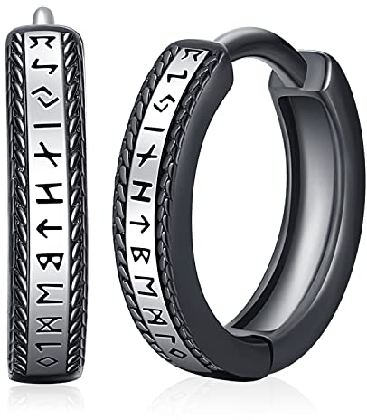 Wikinger Creolen Ohrringe Herren Silber 925 Viking Rune Schwarz Klapp Creolen Wikinger Ohrschmuck Schmuck für Herren Männer Damen Frauen
