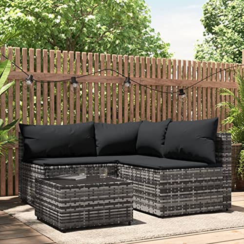 Hommdiy Gartenmöbel Set Balkonmöbel 4-TLG. Garten-Lounge-Set mit Kissen Poly Rattan Grau Eckteil + 2X Mittelteil + Tisch