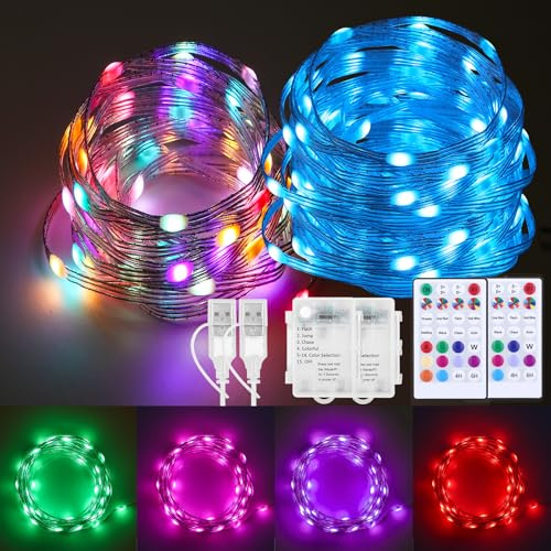 2 Pack Fairy Lights Battery Operated Color Changing String Lights with Remote, 16.4FT Twinkle Lights USB Plug or Battery Powered, Outdoor Christmas Decorations for Bedroom Wedding Party Indoor
