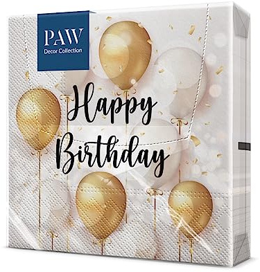 PAW - Servilletas de cumpleaños (33 x 33 cm) I 20 piezas I fiestas, cumpleaños, celebraciones I servilletas de papel motivo globo - blanco dorado I decoración de mesa I Birthday Gold Celebration