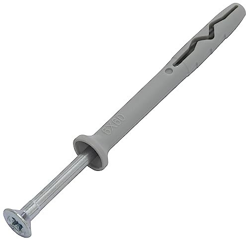 AERZETIX - C67158 - Juego de 100 Tacos clavos Ø6x60mm con brida biselada en polietileno + 100 clavos-tornillos Ø3.9x65mm con cabeza fresada PZ2 en acero - para golpear - estructura metálica hormigón