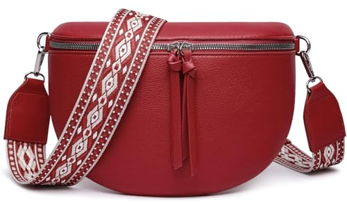 FOMAX Bauchtasche Damen, breiter Schulterriemen im Bohemian Style, extra Reißverschlussfach, silberner Doppel-Reißverschluss, Cross Body Umhängetasche Schultertasche