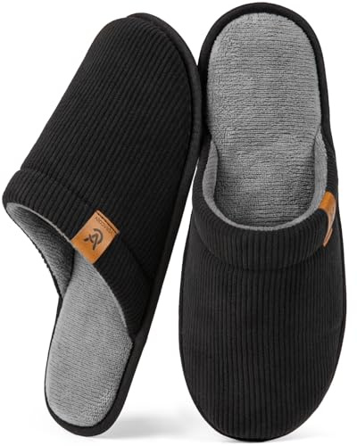 VeraCosy Men's Corduroy Scuff Slippers Soft Comfy Memory Foam Non-slip Indoor House Shoes Carbon Black, 6-7 UK