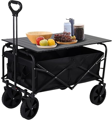 AHWOiHS Bollerwagen Faltbar Handwagen mit Campingtisch, Strandwagen mit abnehmbarem Stoff Faltbollerwagen Gartenwagen Transportwagen für alle Gelände Faltwagen 150kg belastbar für Garten Camping