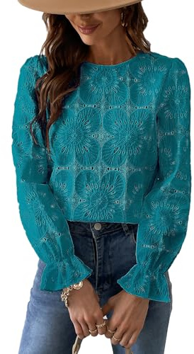 CUPSHE Blusa para mujer con cuello redondo, manga larga, puños elásticos, camisa elegante, Azul turquesa oscuro, XS