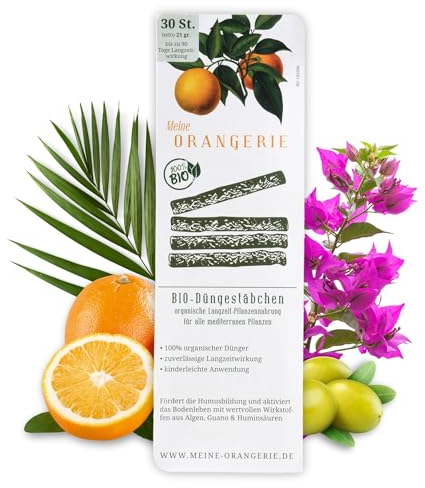 Meine Orangerie BIO Düngestäbchen für mediterrane Pflanzen - 30 Sticks - bis zu 90 Tage Langzeitwirkung - Optimale Pflanzennahrung - Fördert Bodenleben, Humusbildung und gesundes Pflanzenwachstum