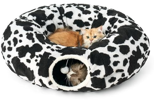 COZY KISS Katzentunnel mit Bett für Indoor Katzen, Großer Katzentunnel mit Zwei Eingängen Katzenhöhle, Katzenspieltunnel in Donutform, Geeignet für Kätzchen/Welpen/Kaninchen (Schwarz & Weiß, 85 D)