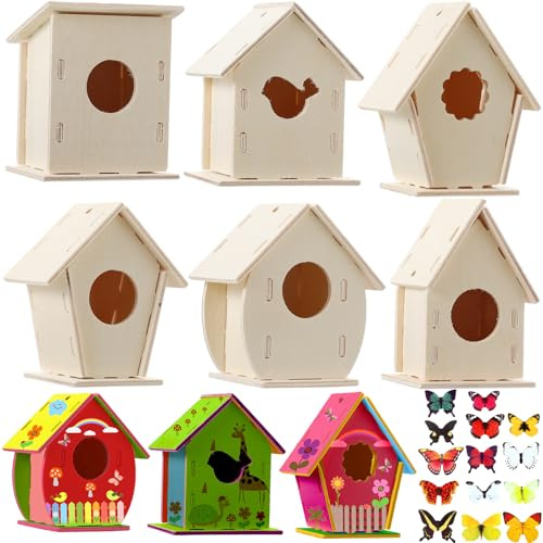 Sawysine 93 Pcs DIY Birdhouse Kits for Kids to Build, 36 Wooden Bird House 6 Shapes and 57 Butterfly Sticker for Children Spring Craft Activity Art Project DIY (Multiple Entrance)