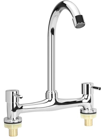 Kitchen Sink Mixer Tap, 2 Hole 360° Swivel Spout Kitchen Faucet, 200mm Centers Deck Mounted Kitchen Taps, 1/4 Turn Dual Lever Hot and Cold Water Mixer Tap, High Arc Sink Mixer Tap