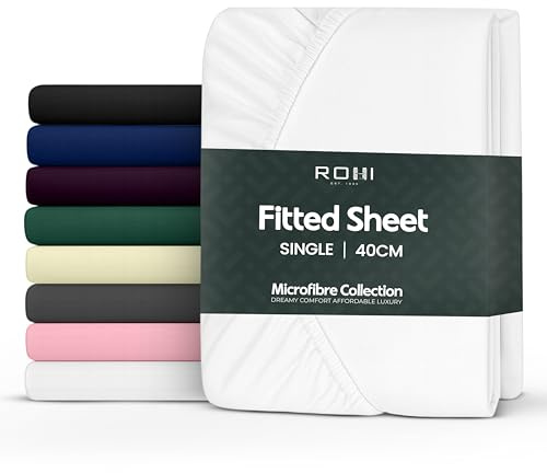 Rohi White Single Fitted Sheet 100% Microfibre – 16'' (40cm) Extra Deep Fitted Sheet with Elasticated Corners – Ultra Soft, Hypoallergenic & Durable Bed Sheet – Bottom Sheet – (White – 90 x 190cm)