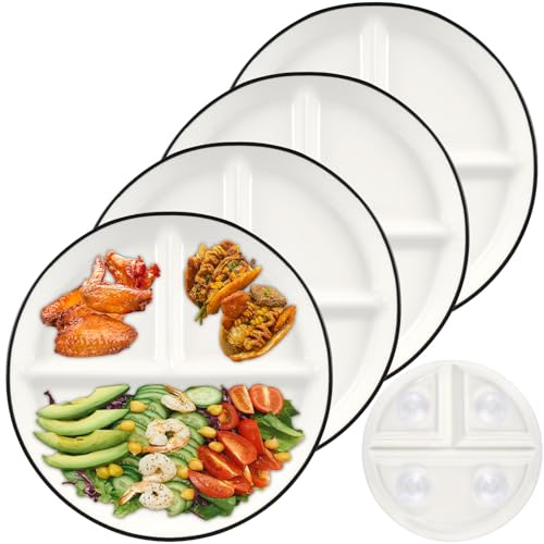 Confezione da 4 piatti in porcellana con ventosa antiscivolo, piatti divisi in ceramica bianca da 20,3 cm, piatti piani divisi per dessert, insalata, snack, piatti per controllo delle porzioni, piatti