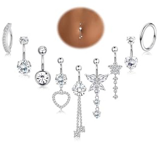 YADOCA 14G 9 Pezzi Piercing Ombelico Acciaio Chirurgico Argento Oro, Piercing Ombelico Pendente, CZ Piercings Ombelico Anello, Navel Piercings per Le Donne