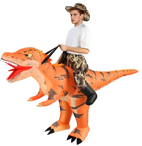 Alaoo Costume Gonflable de Dinosaure Camouflage, Costume Dinosaure Adulte（Chapeau Inclus）, Costume Gonflable Raptor, pour Fête D'halloween, Fête de Noël, Cosplay Unisexe, Adulte-Orange