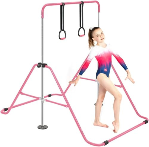 M.J COMFY-LIFE Gymnastics Bar With Rings for Kids, Horizontal Bars Training Kip Bar with Adjustable Height Levels 90–130cm, Gym Equipment with Non-Slip Base for Home Fitness, Swing (Pink)