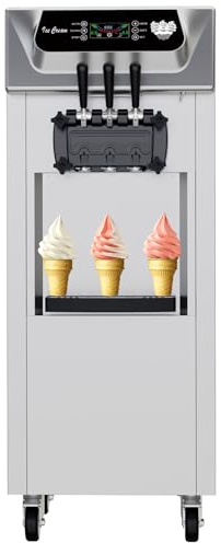 High Capacity Commercial Ice Cream Maker, Soft Serve Machine with 2 * 7L Hoppers, 3 Flavors, LCD Panel, Ideal for Restaurant, Ice Cream Cart for Business, Commercial Ice Cream Machine