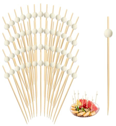 HMCEY 100 Piezas Palillos de Cóctel 12 CM,Brochetas de Bambú con Cuentas de Madera,Palillos Decoracion de Frutas,Palitos para Pinchos Aperitivos para Cumpleaños, Fiesta, Pasteles - Color madera