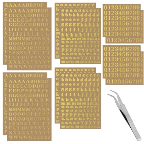 Lahkvor 12 Fogli di Adesivi Metallici Dorati con Pinzetta, Lettere Maiuscole/Minuscole e Numeri per Fai-da-te, Scrapbooking e Biglietti