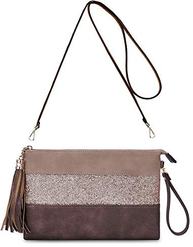 CRAZYCHIC - Sac Bandoulière Paillette Cuir Multicolore Femme - Pochette Soirée Plate Bandes Strass Brillant Souple - Fourre-Tout Sac à Main Porté Epaule - Mode Chic Tendance - Café