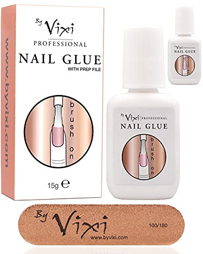 15g x2 By Vixi PEGAMENTO PARA UÑAS ULTRAFUERTE con PINCEL y LIMA DE GRATUITA Adhesivo transparente con secado instantáneo, calidad de salón de belleza profesional