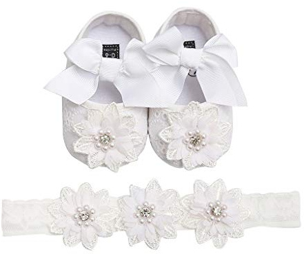DAY8 Chaussures Bébé Fille Premier Pas Automne Chaussure Bebe Fille Souple Antiderapantes Princesse Bapteme Mariage Ceremonie Ensemble Bebe Fille Chaussures Ballerine + Bandeau (Blanc, 6-12 Mois)