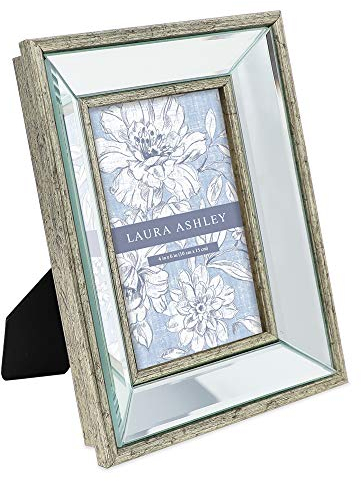 Laura Ashley 4x6 Silver Beveled Mirror Picture Frame, Classic Mirrored Frame with Deep Slanted Angle, Wall-Mountable, Made for Tabletop Display, Photo Gallery and Wall Art, (4x6, Silver)