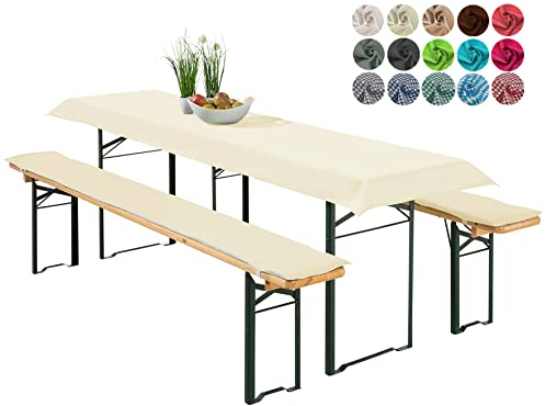heimtexland ® Bierzeltgarnitur Auflagen Set 3-teilig Tischdecke Bierbankauflage Polster Kissen Biergarnitur Typ698 Ecru für Tischmaß 70x220 cm
