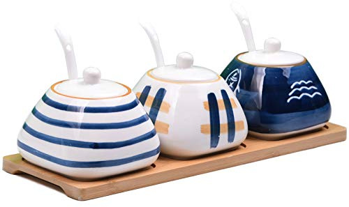 DGVR Porcelain Condiment Jar Spice Container with set of 3 Ceramic Condiment Pot Seasoning Box with Ceramic Serving Spoon and Lid - Bamboo Tray Porcelain Sugar Bowl for Home Kitchen 300ml (10.6oz)