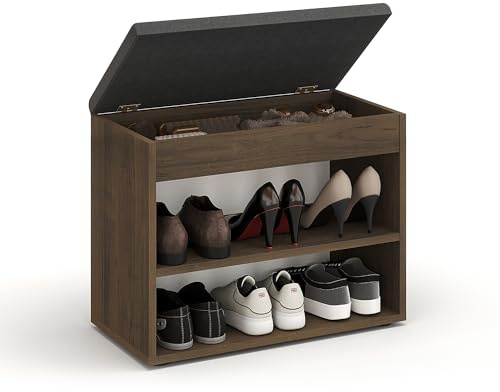 Komto Banc à Chaussures avec Assise Rembourrée – Meuble de Rangement Noyer 60 x 48 x 32 cm pour Entrée, Couloir ou Chambre, Rangement Compact avec Coffre