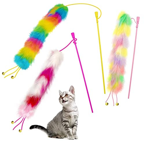 Lepawit 3 Pack Cat Wand Toy, Rainbow Cat Feather Toys with Bells, Teaser Wand with Soft Furry Tail, Interactive Toys for Indoor Cats & Kitten & Kitty