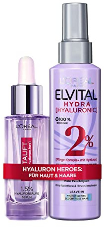 L’Oréal Paris Pflegeset für Haut und Haare, Gesichtsserum mit 1,5% purer Hyaluronsäure und Vitamin C, Haarserum mit Hyaluron für glänzendes Haar, Revitalift Filler, Elvital Hydra Hyaluronic, 2- teilig