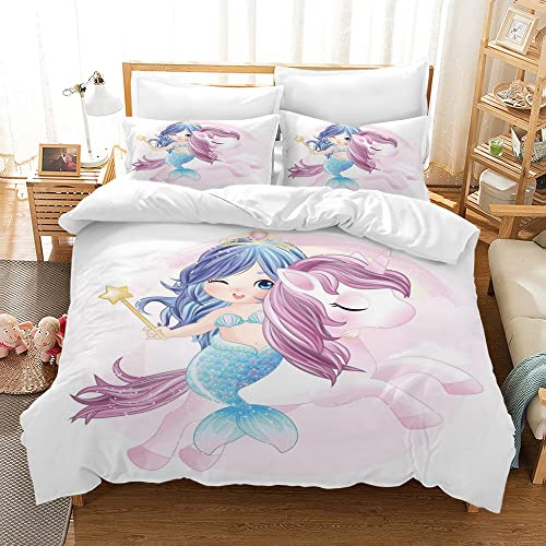 uego de Ropa de Cama de Unicornio para niños, Microfibra, Dibujos Animados, Unicornio, Estampado 3D, Funda nórdica de con Cierre de Cremallera, Ropa de Cama Suave para niñas (E, 135x200cm)