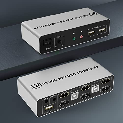 Dual Monitor KVM Switch HDMI + DisplayPort 2 Port, Unterstützt EDID, 4K@60Hz Extended Display KVM Switch 2 Monitore 2 Computer mit Audio Mikrofon Ausgang und 3 USB Ports, PC Monitor KVM Switcher