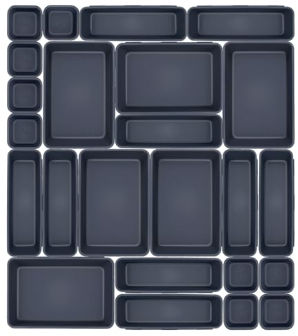 RVIKCMR 24 Pezzi Organizer Cassetti Divisori Contenitori in Plastica Impilabili per Cassetti Scrivania,Cucina,Bagno portaoggetti,Trucco,Separatori per Cassetti Armadio,Vassoio Portaposate Scatole