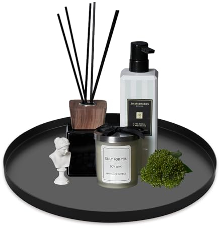 MUXHEL Rund Tablett Schwarz mit Anti-Rutsch, Ø 32cm, Dekotablett, Dekoteller, Dekoschale, Deko Tablett Edelstahl, Metall Serviertablett