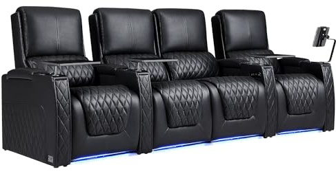 Weilianda Astronaut Zero Gravity Home Theater Seating Top Grain Leather Recliner Sofa Power Headrest Footrest with Carbon Fiber Tray Table, Tablet Stand, Cup Holders Row of 4 Loveseat Middle Black
