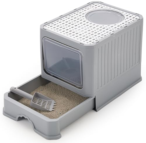The Fellie Cat Litter Box with Scoop, Large Foldable Litter Tray, Anti-Splashing Cat Litter Tray with Lid, Front Entry Top Exit, Odor Control Easy Clean Kitty Litter Box,(Grey)