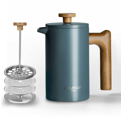Poliviar French Press Kaffeebereiter 600 ml/21oz, Doppelwandige Isolierte Kaffeekanne und Teebereiter, Handfilter Kaffeepresse mit Plunger & Griff aus Holz, (Blau) JX2024-SFPU-DE