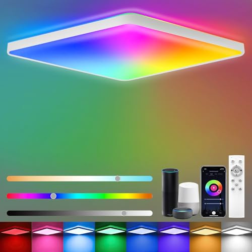 Heyseven - Lámpara de techo LED regulable (24 W, RGB, luz de techo Smart APP con 16 millones de paneles de cambio de color, 2400 lm, con lámparas Alexa para dormitorio,