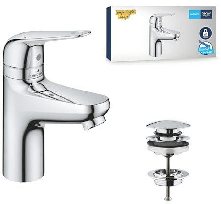 GROHE Swift QuickFix – Basin Mixer Tap with Push-Open Waste Set & Child-Safety Lock (S-Size 167mm, 28 mm Ceramic Cartridge, Water-Saving, Tails 3/8 Inch, Easy to Fit with QuickTool), Chrome, 24319001