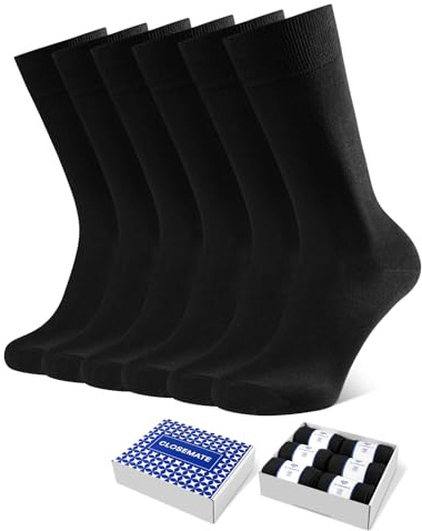 CLOSEMATE 6 Pares Calcetines Ejecutivos Hombre Altos Finos Transpirables Largos Sin Costuras de Trabajo Elásticos Traje Vestir Algodon Negros,L