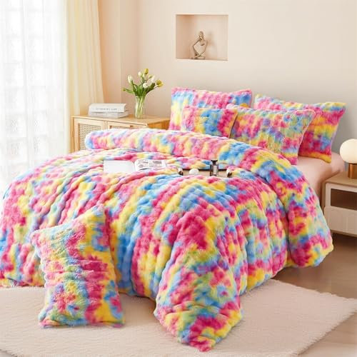 Boqingzhu Plüsch Bettwäsche 135x200cm Bunt Regenbogen Kuschelig Flauschig Warm Winter Flanell Fleece Bettwäsche Set Kaninchen Kunstfell Bettbezug mit Reißverschluss und Kissenbezug 80x80cm