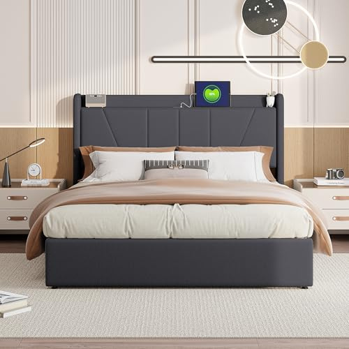 BLSYHDH Letto baule 140 x 200 cm, letto imbottito con sistema idraulico e cassapanca, letto matrimoniale con contenitore con testiera e rete a doghe (grigio+lino)