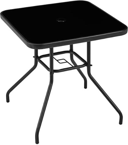 Yaheetech Gartentisch Beistelltisch aus Glas & Metall Bistrotisch mit Schirmloch Kaffeetisch Pflegeleichter Terrassentisch wetterfest 70 cm×70 cm Schwarz